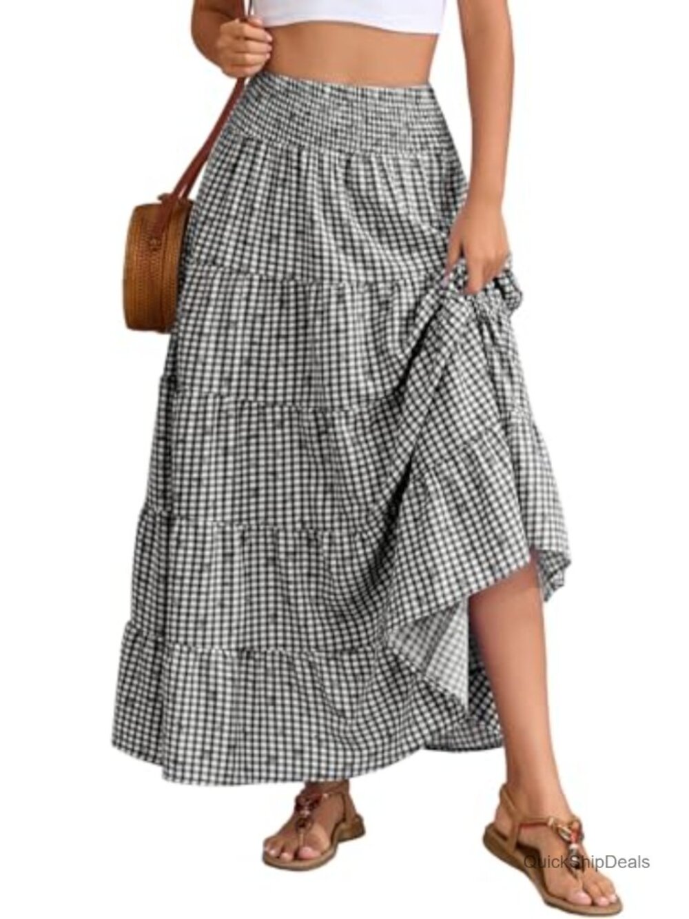 Lyrur Maxi Skirt Gingham Floral Tiered A-Line Smocked Pockets